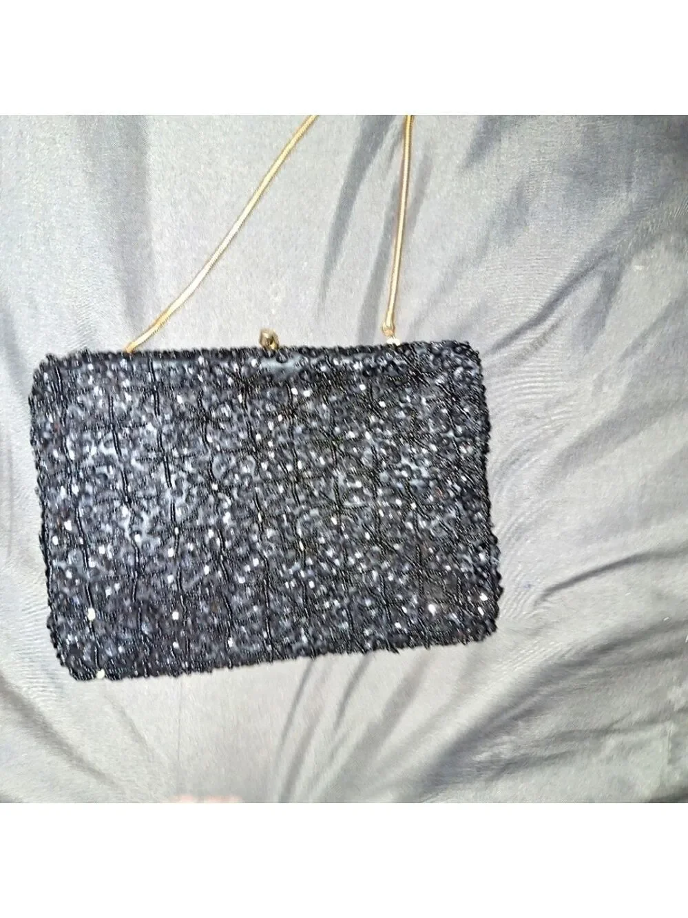 Vintage Black Beaded Sequin Clutch Gold Chain Purse